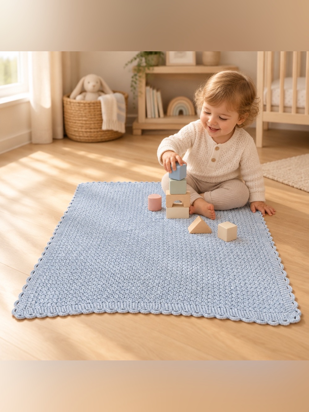 Handmade Moss Stitch Crochet Baby Blanket with Looped Border (READ DESCRIPTION)